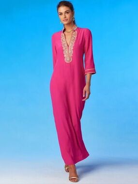 NicoBlu Noor Fuchsia Maxi Tunic Dress with Gold Beaded Neckline